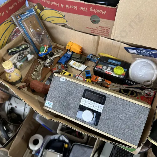 Box lot radio and toy cars etc.