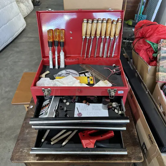 Toolbox and contents including chisels etc.