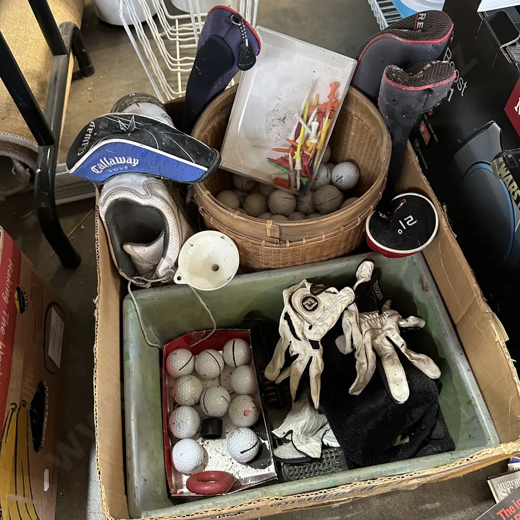 Box lot of golf balls etc. Image 1++