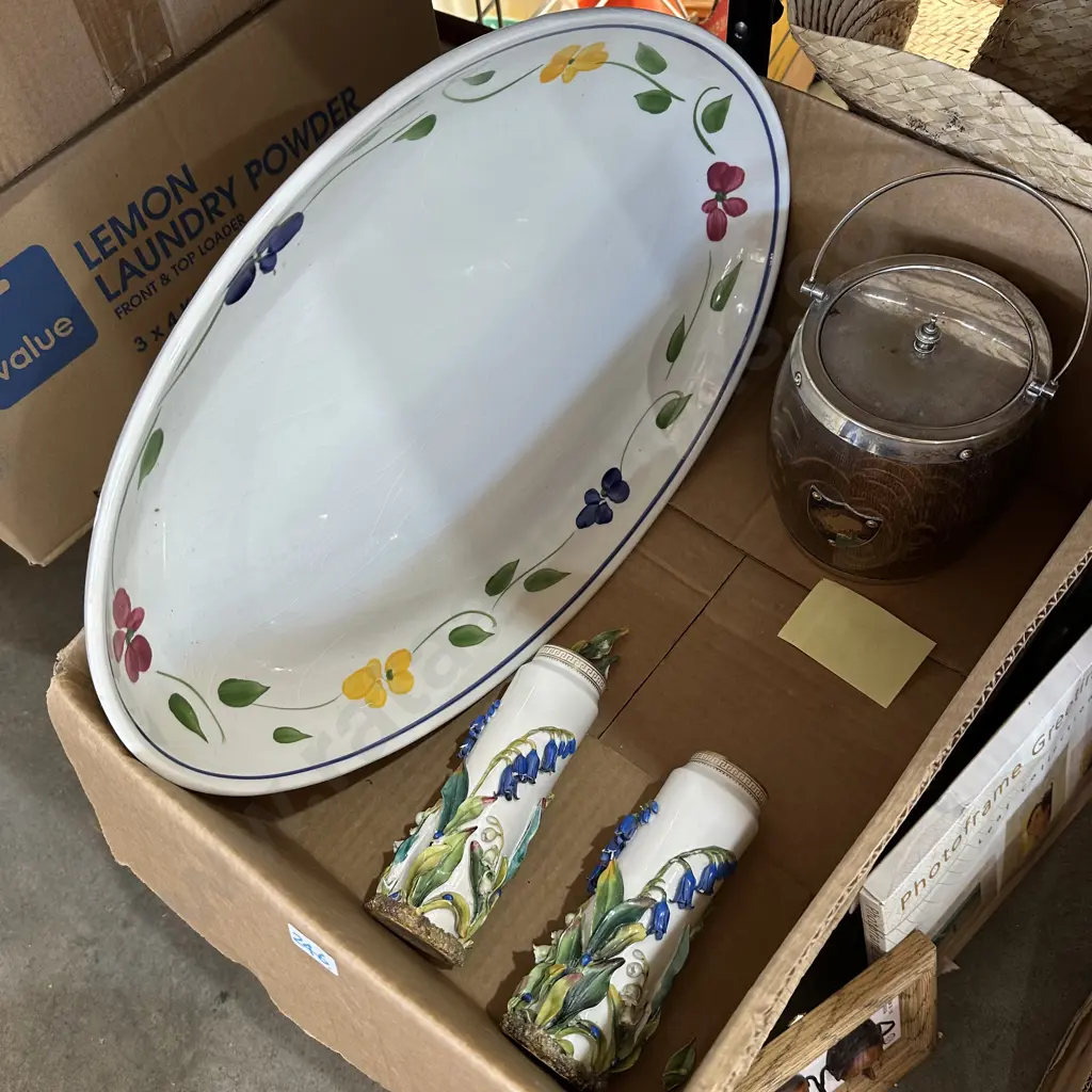 Box lot large platter, Oak ice barrel plus pair of vases+ box books Image 1++