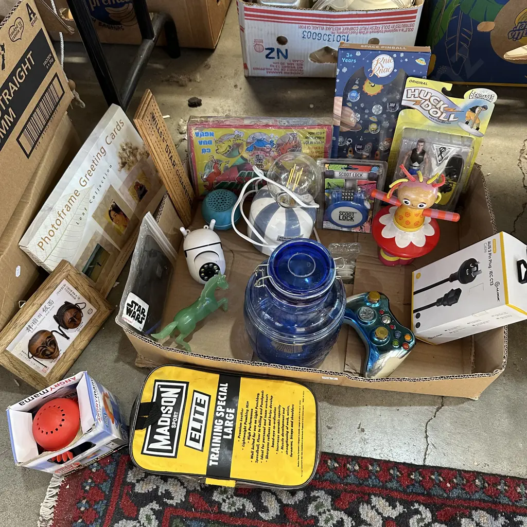 Box lot security camera, lamp, toys, cookie jar, cards etc. Image 1++
