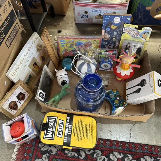 Box lot security camera, lamp, toys, cookie jar, cards etc.