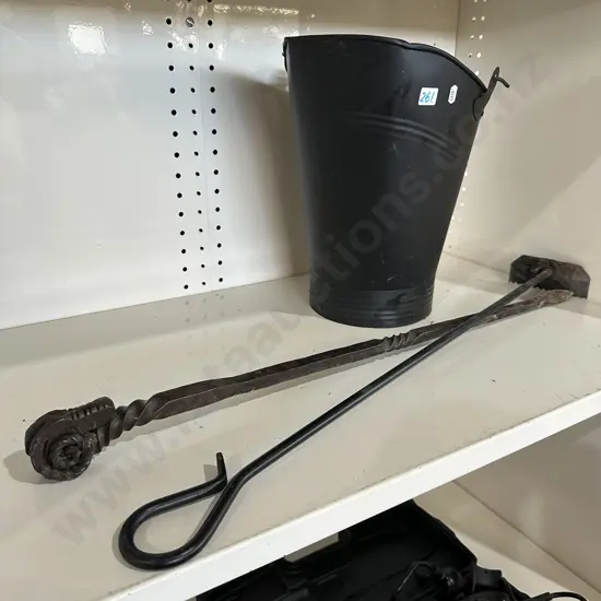 Coal scuttle plus fire tools.