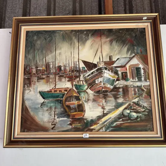 signed Oil painting of Boats in Harbour