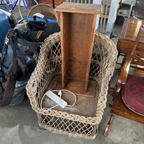 Rimu stand, wicker chair and plug