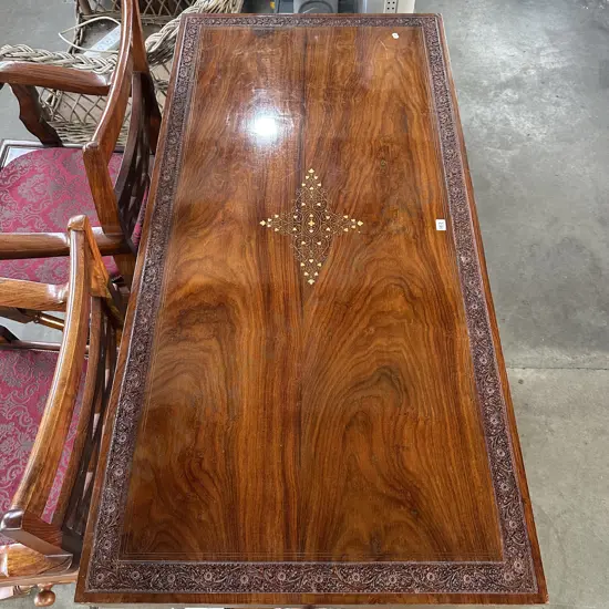polished carved Teak desk/hall table (two photos)
