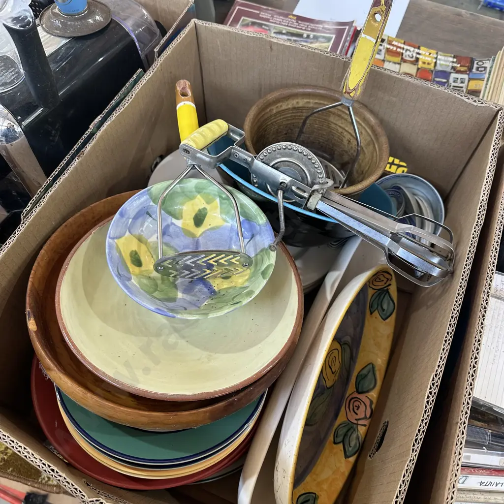 Box lot dinnerware plus vintage egg beater and potato mashers. Image 1++
