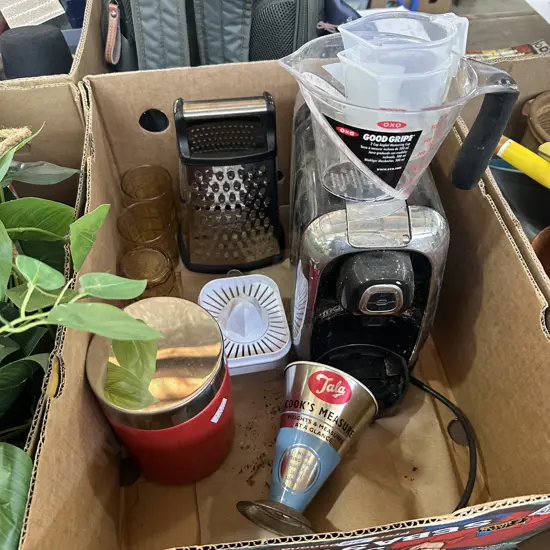 Box lot coffee maker, canister, measuring jugs etc.