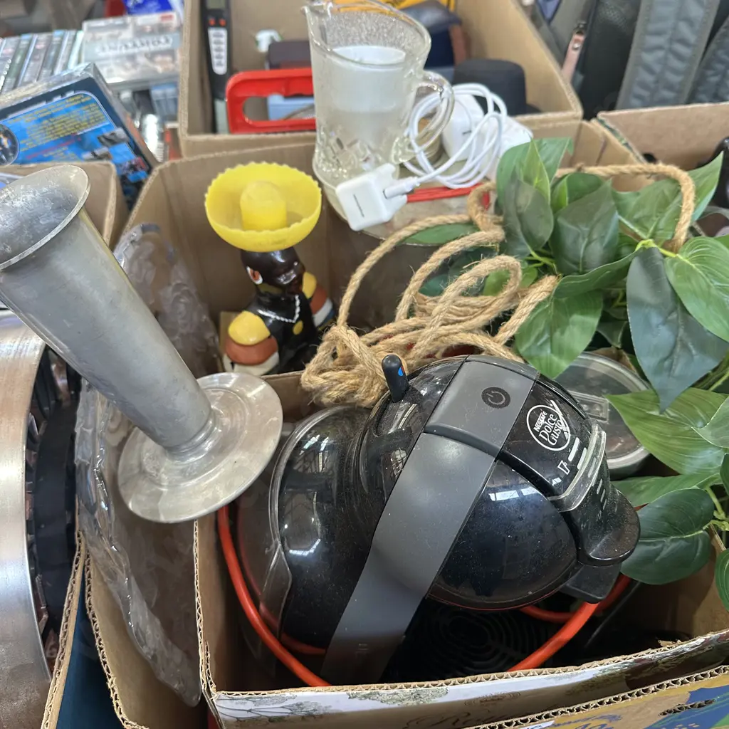 Box lot coffee machine and milk frother, phone charger and artificial hanging plant etc. Image 1++