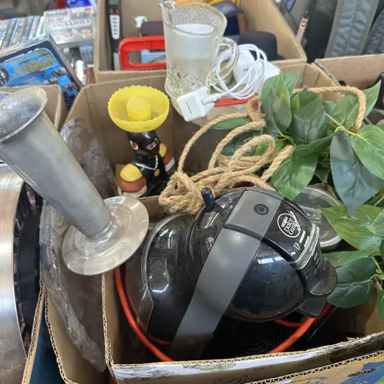 Box lot coffee machine and milk frother, phone charger and artificial hanging plant etc.