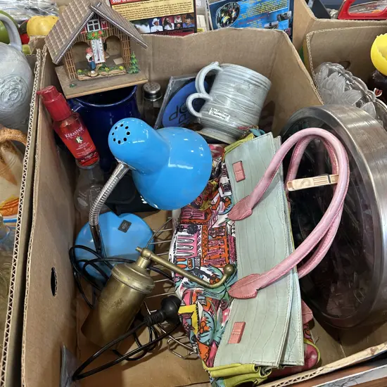 Box lot solid brass vintage Jamboli food press, pottery, clock and desk lamp etc.