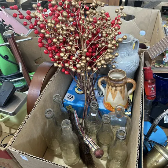 Box lot pottery, collectable bottles, artifical holiday berry stems etc.