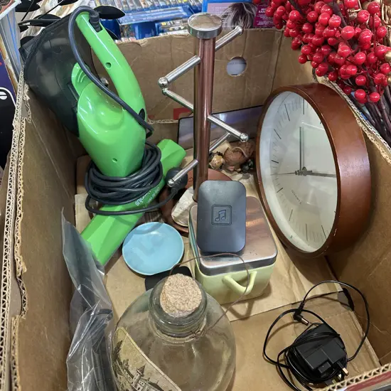 Box lot steam window cleaner, clock, canister and door alarm etc.
