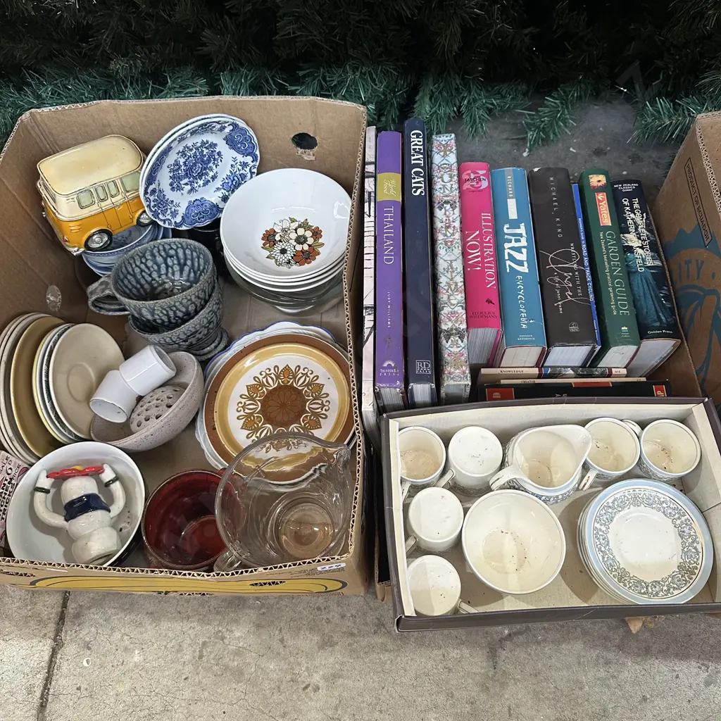 Two boxes china including J & G Meakin and Johnson bros plus books. Image 1++