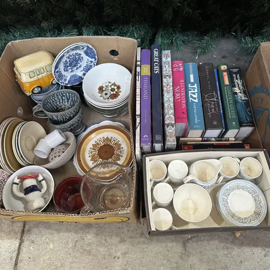 Two boxes china including J & G Meakin and Johnson bros plus books.