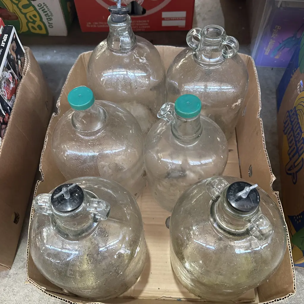 Box of Demijohn glass bottles etc. Image 1++
