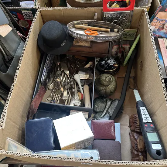 Box lot silverware, cutlery etc.