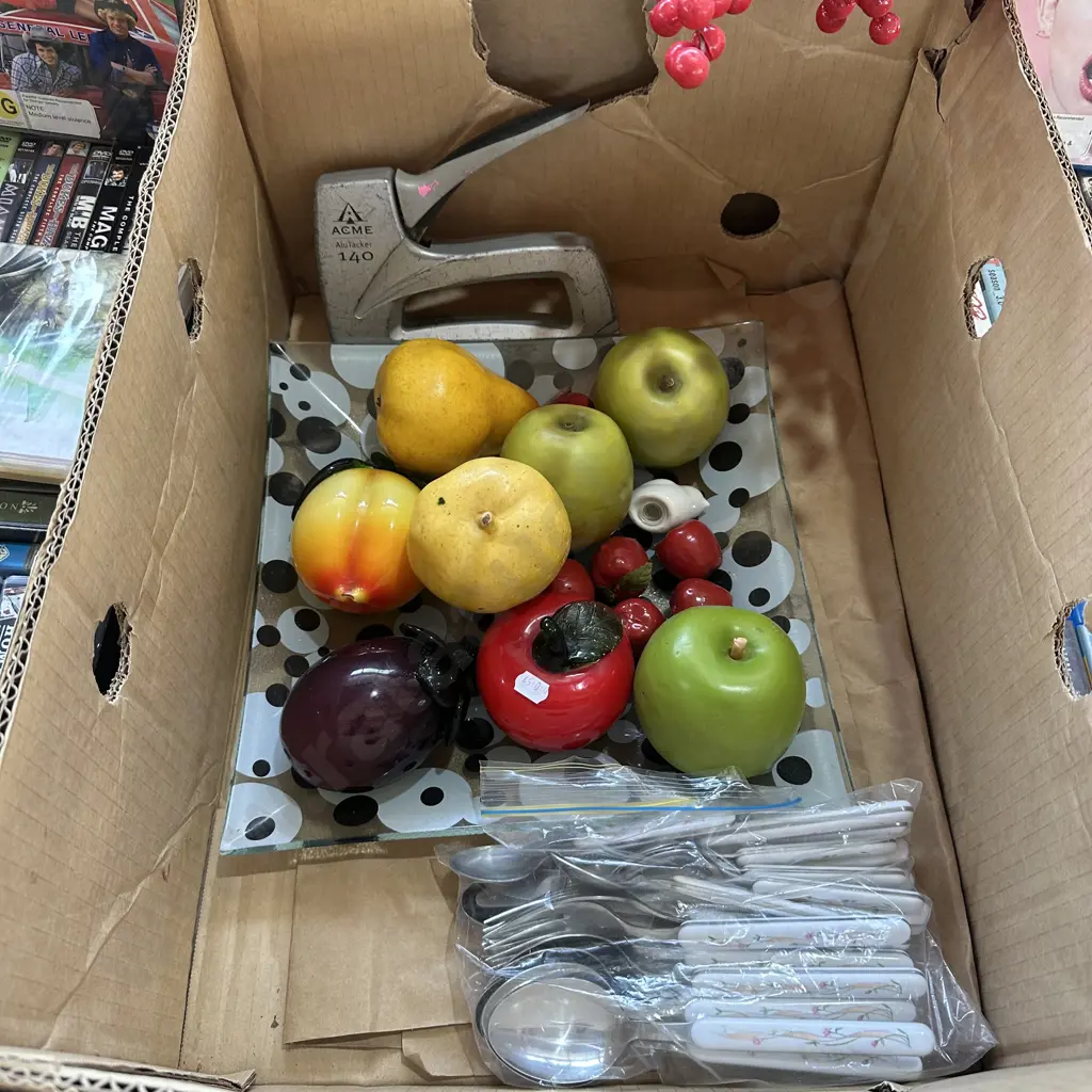 Box lot artifical fruit and cutlery plus stapler. Image 1++