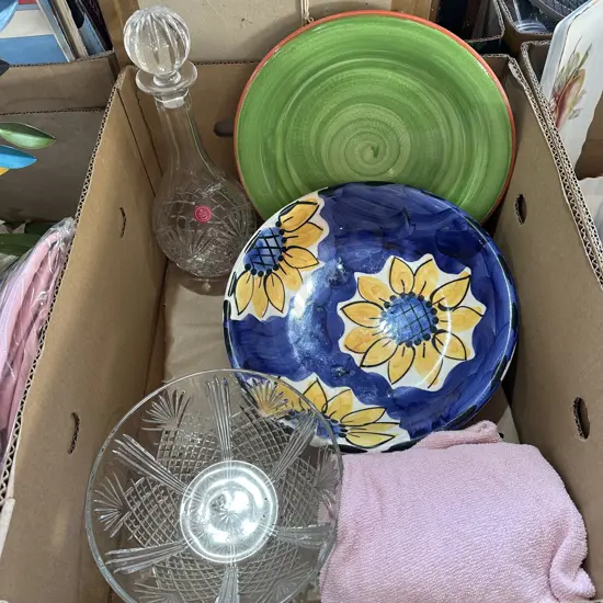 Box lot crystal and temuka etc.