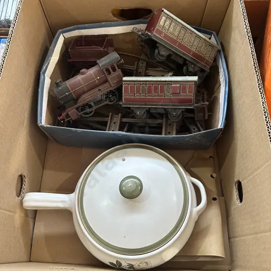 Vintage train and track plus Denby pottery lidded casserole dish.