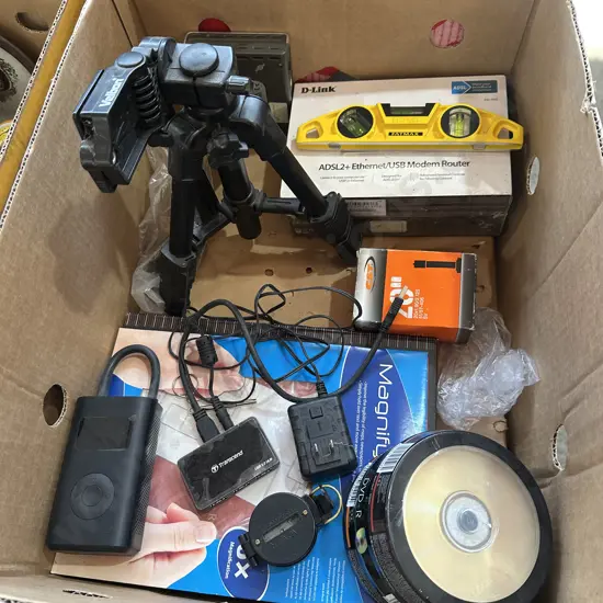 Box lot Xiaomi Mi Portable electric Air Compressor, camera tripod, Stanley level etc.