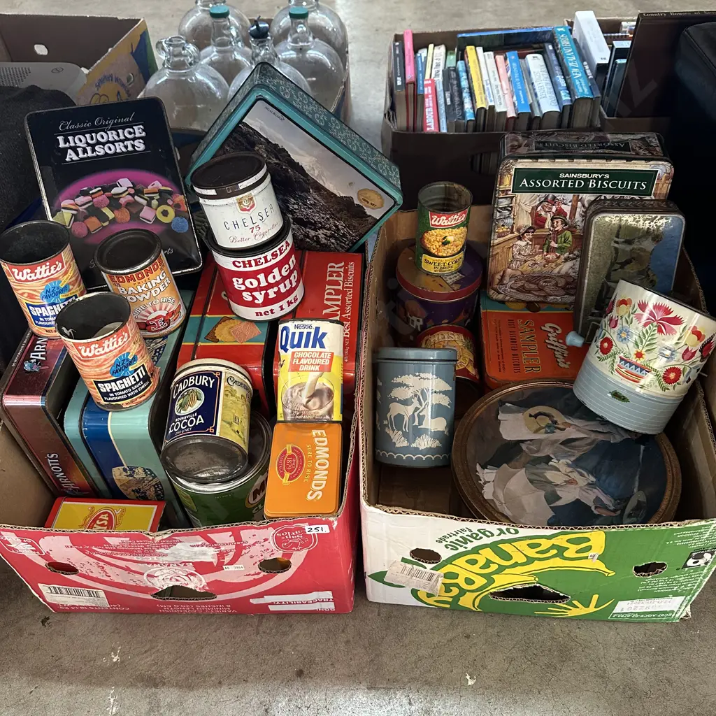 Two boxes of collectable vintage tins including Giffins Sampler, Nestle Quik plus flour sifter etc Image 1++