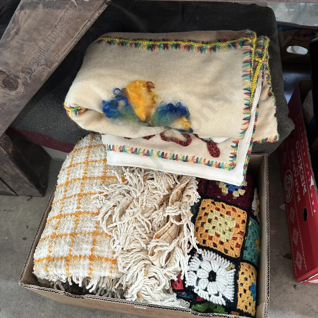 Handmade patchwork quilt, vintage Fringraft throw blanket plus handmade crocheted granny square blanket. Image 1++