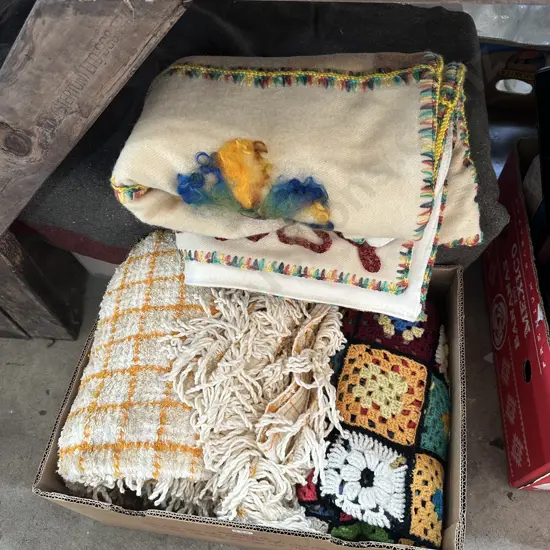 Handmade patchwork quilt, vintage Fringraft throw blanket plus handmade crocheted granny square blanket.