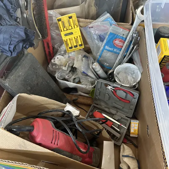 Box lot Cobra grinder, spanners and sockets, hand tools and hardware etc.