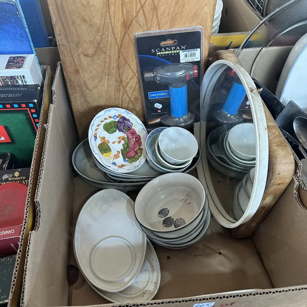 Box lot Temuka pottery, Fleurette saucer plus new Scanpan chef's torch etc. Image 1++