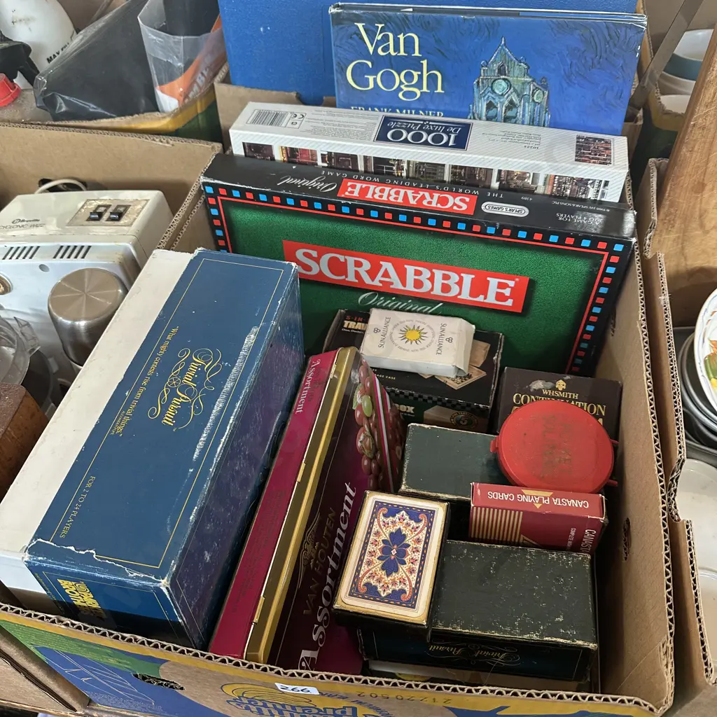 Box lot Van Gogh book, puzzles and board games, cards etc. Image 1++