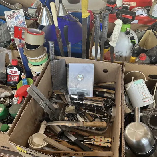 Box lot knives and utensils plus Witshire electronic kitchen scales etc.