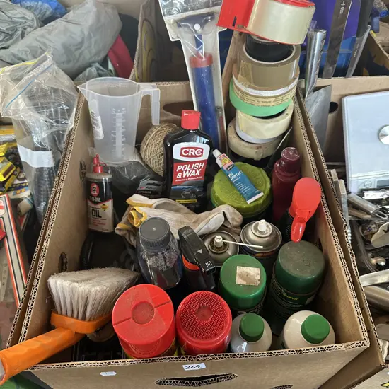 Box lot car care items, masking tape and string, measuring jug and gloves etc.