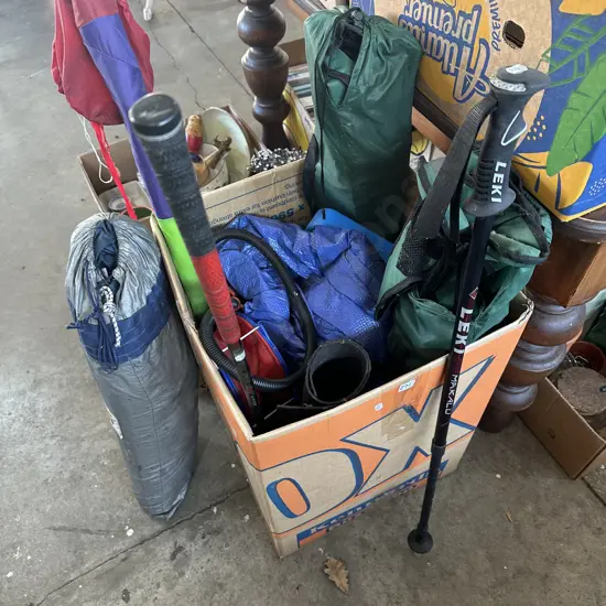 Tent, mats, camp chairs, tarp, air bed pump etc.