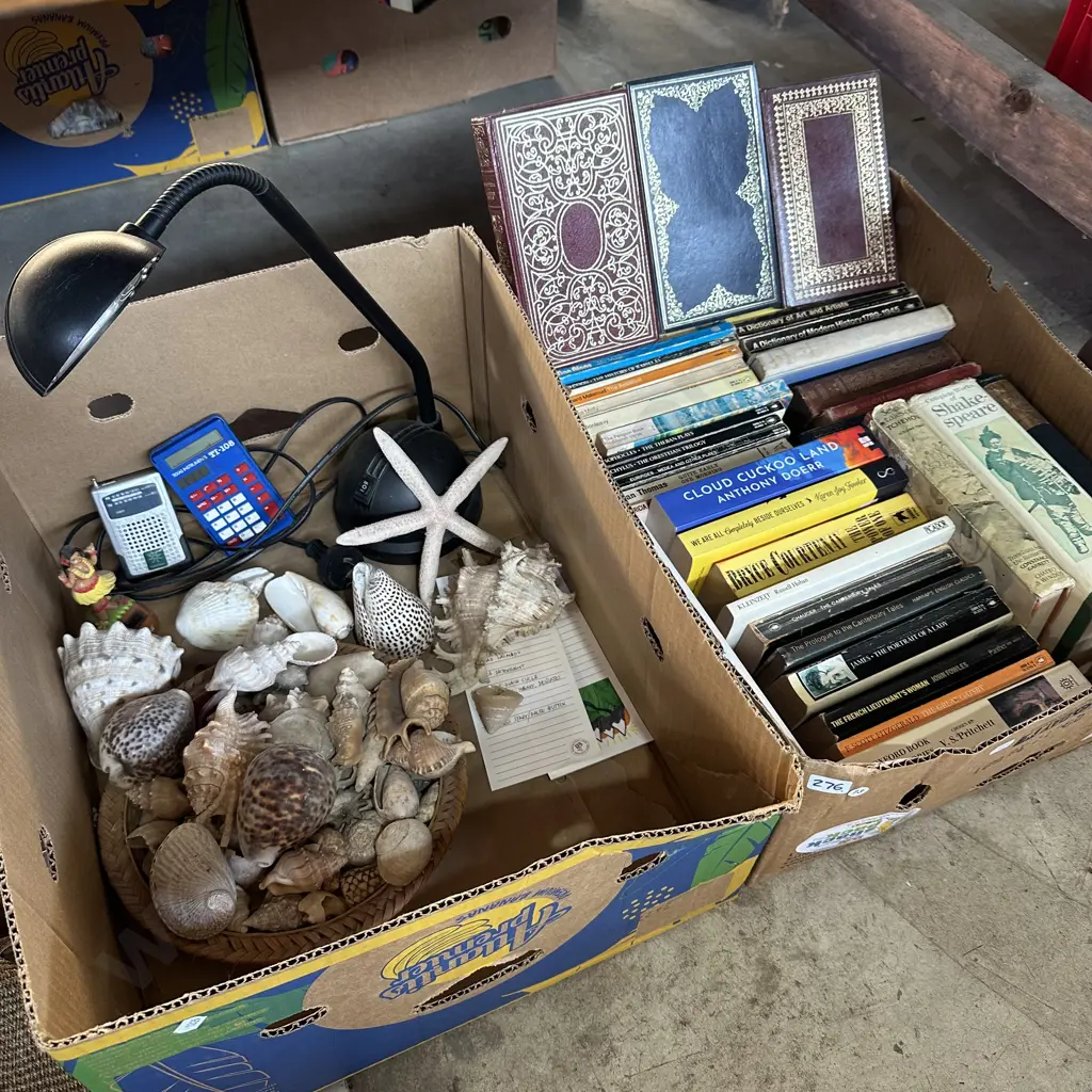 Two boxes books, desk light and collection of shells etc. Image 1++