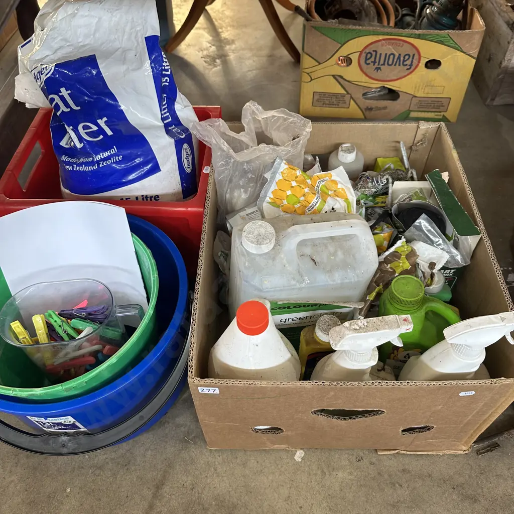 Box of gardening products, cat litter, buckets and clothes pegs etc. Image 1++