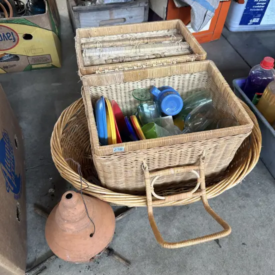 Picnic basket and contents, pet basket, terracotta hanging bird house.