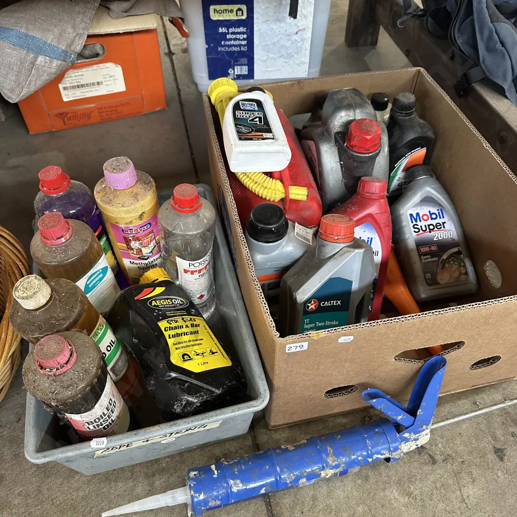Two boxes petrol can, oils including Linseed oil, Meths, turps and caulking gun etc. Image 1++
