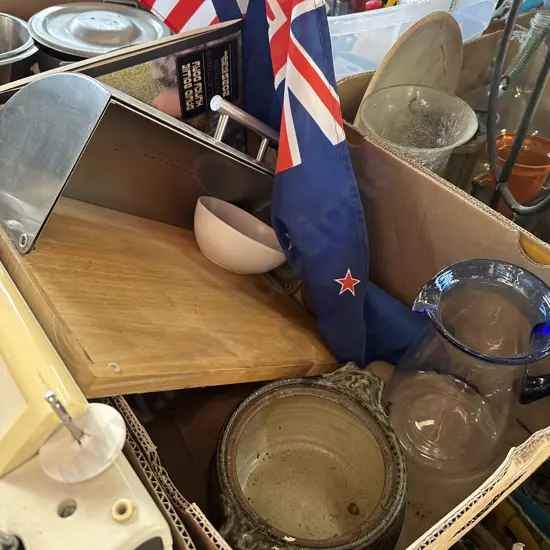 Bread bin, water jug, pottery and flags etc.