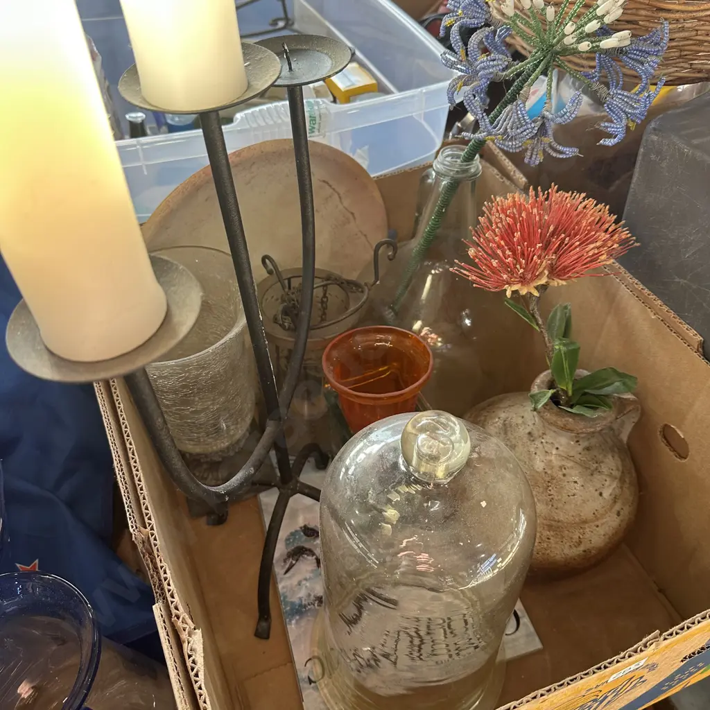 Box lot vases, candle stick, pottery and glass bottle etc. Image 1++