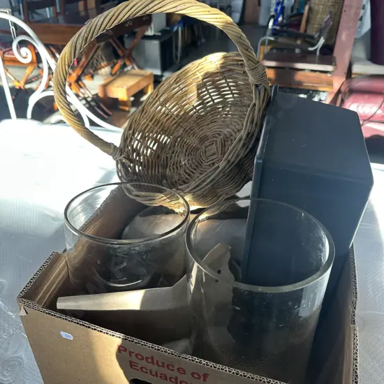 Plastic bin, air bed, large vases and cane basket.