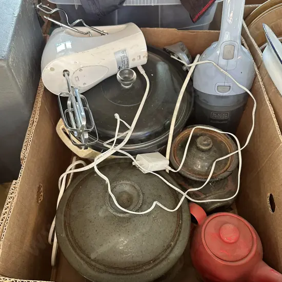 Box lot crock pot, lidded pottery dishes, hand mixer and handyvac.