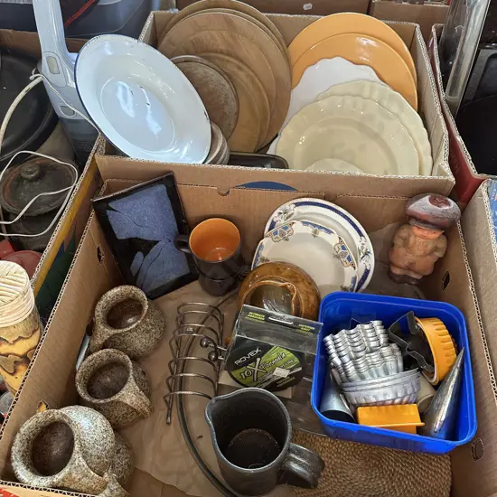Two boxes china, enamelware, pottery items plus fishing line etc.