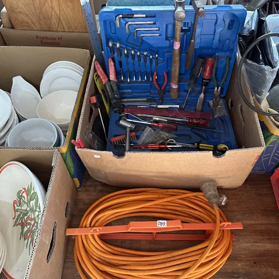Spanners and sockets, hand tools and long extension lead etc.