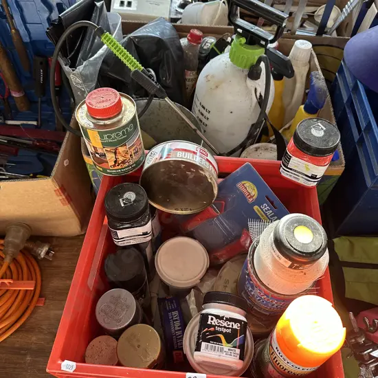 Two boxes spray paint, builders fill, sprayer and metal bucket etc.