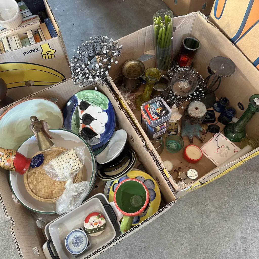 Two boxes dinnerware, candle sticks and candles etc. Image 1++