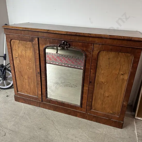 Victorian burr walnut bookmatched veneer top side board (see details)
