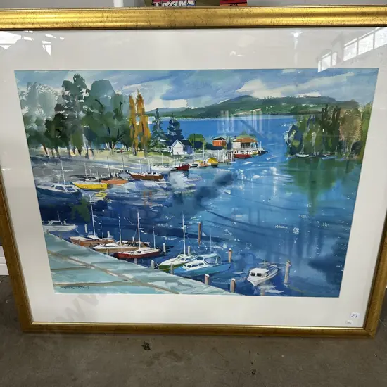large Gouache "Boat Rest" Taupo by Heather Francis 1997