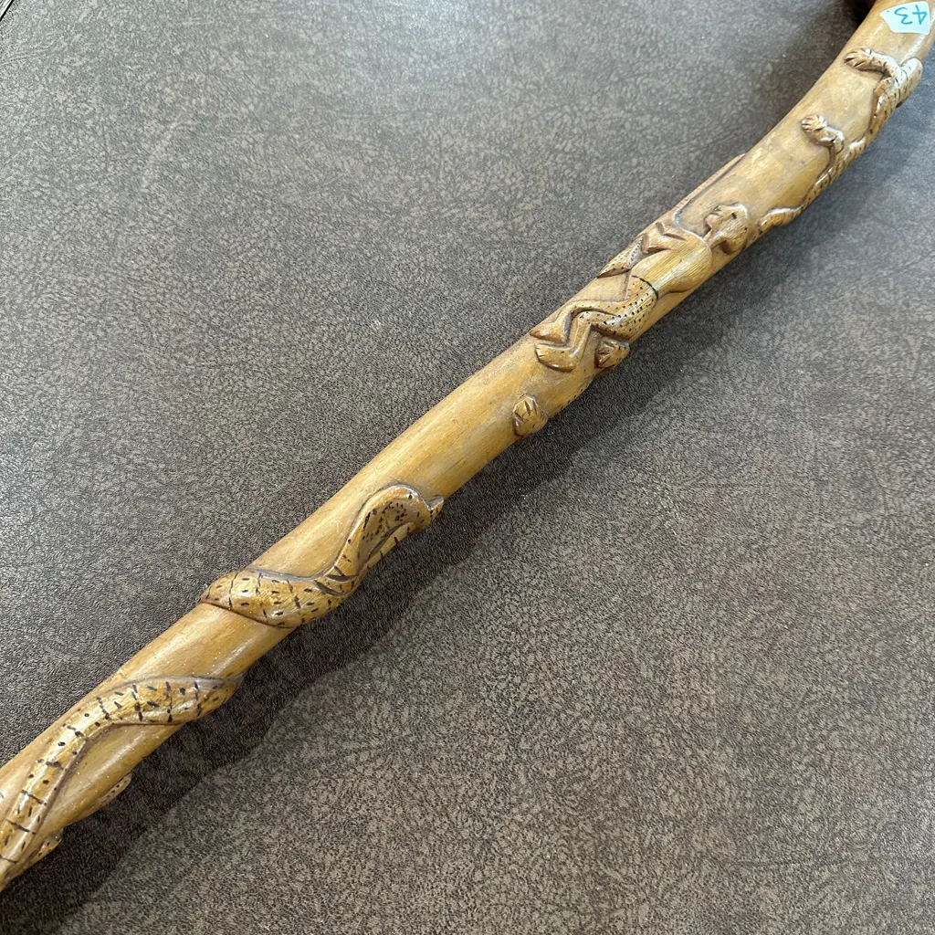 early carved wooden walking stick with snake, lizard, frog etc Image 1++