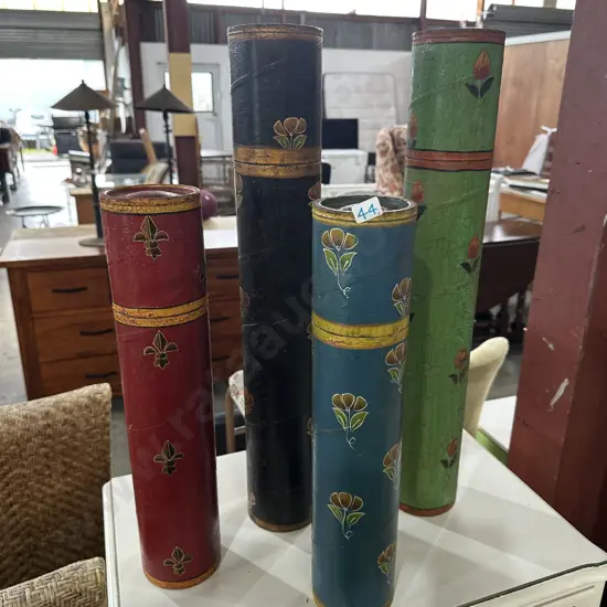 4 hand painted decorative lidded tubes